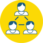 Community icon shows three individual stylized head and shoulders people connected with dashed lines. 