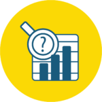 icon for research is a magnifying glass with a question mark in it looking at a bar graph that looks a bit like piano keys.