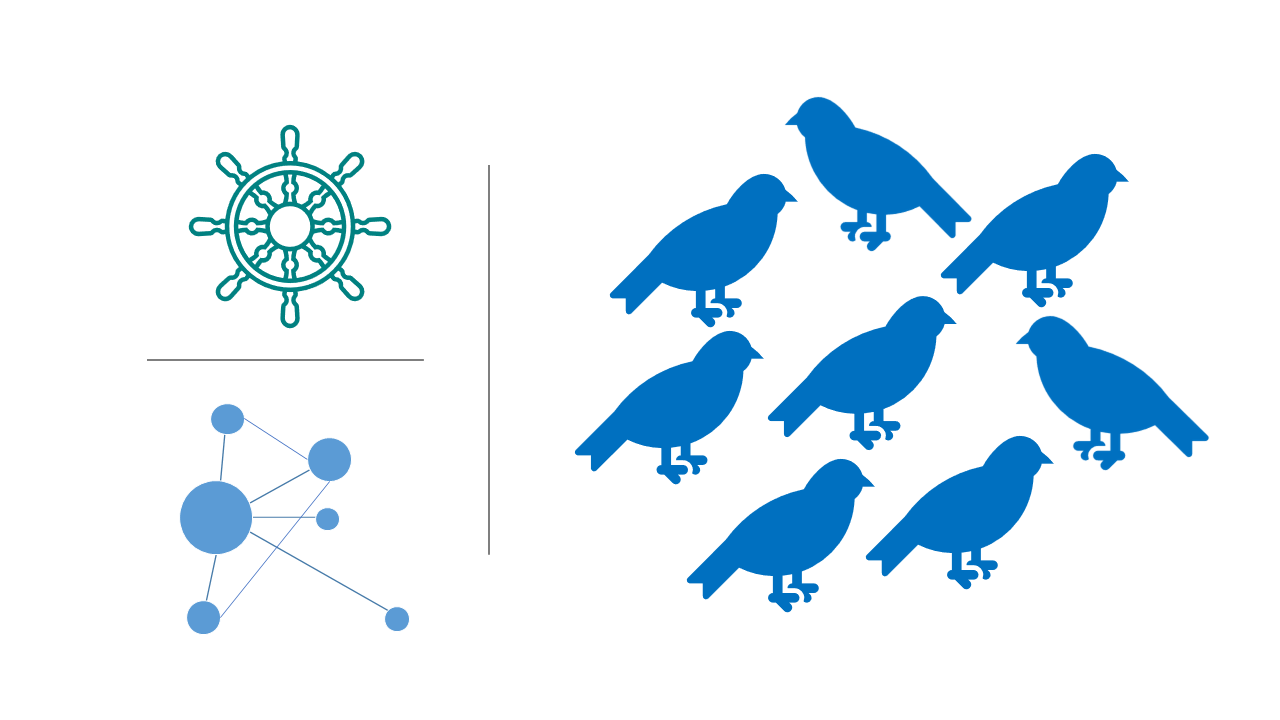 Wheel (Hub and Spoke), network web and eight bird silhouettes.