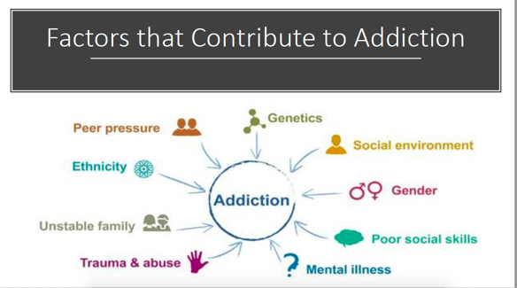 Factors that Contribute to Addiction: Trauma and Abuse, unstable family, Ethnicity, Genetics, Peer Pressure, Social Environment, Gender, Poor Social Skills, Mental Illness
