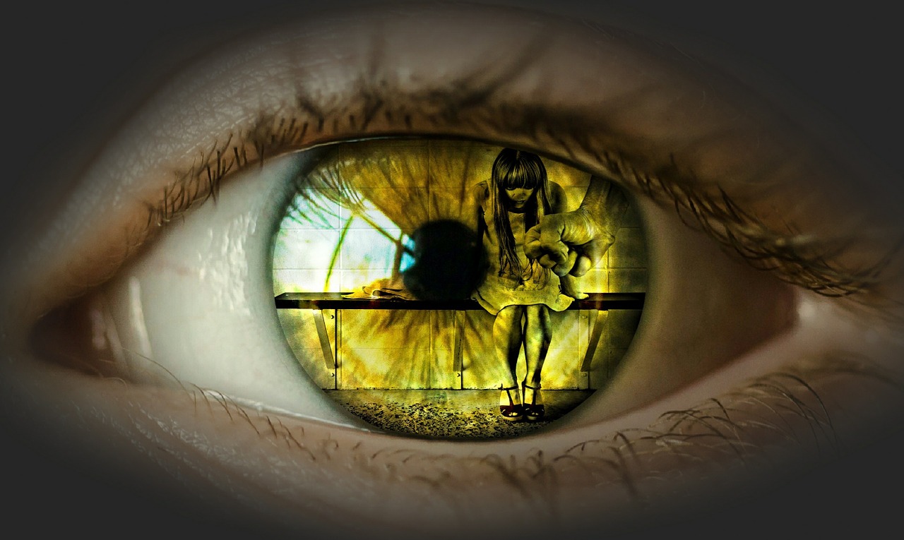 An eye, golden, is close up reflecting a fist and a cowed child