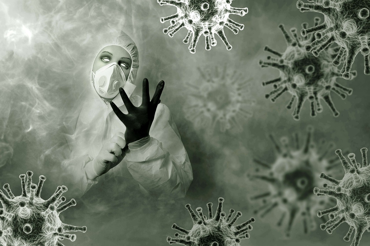 A spooky, haunting black and white image of a ghostly doctor pulling on gloves emerging from a fog spattered with large spiky corona viruses. The ghostly figure has all-white eyes.