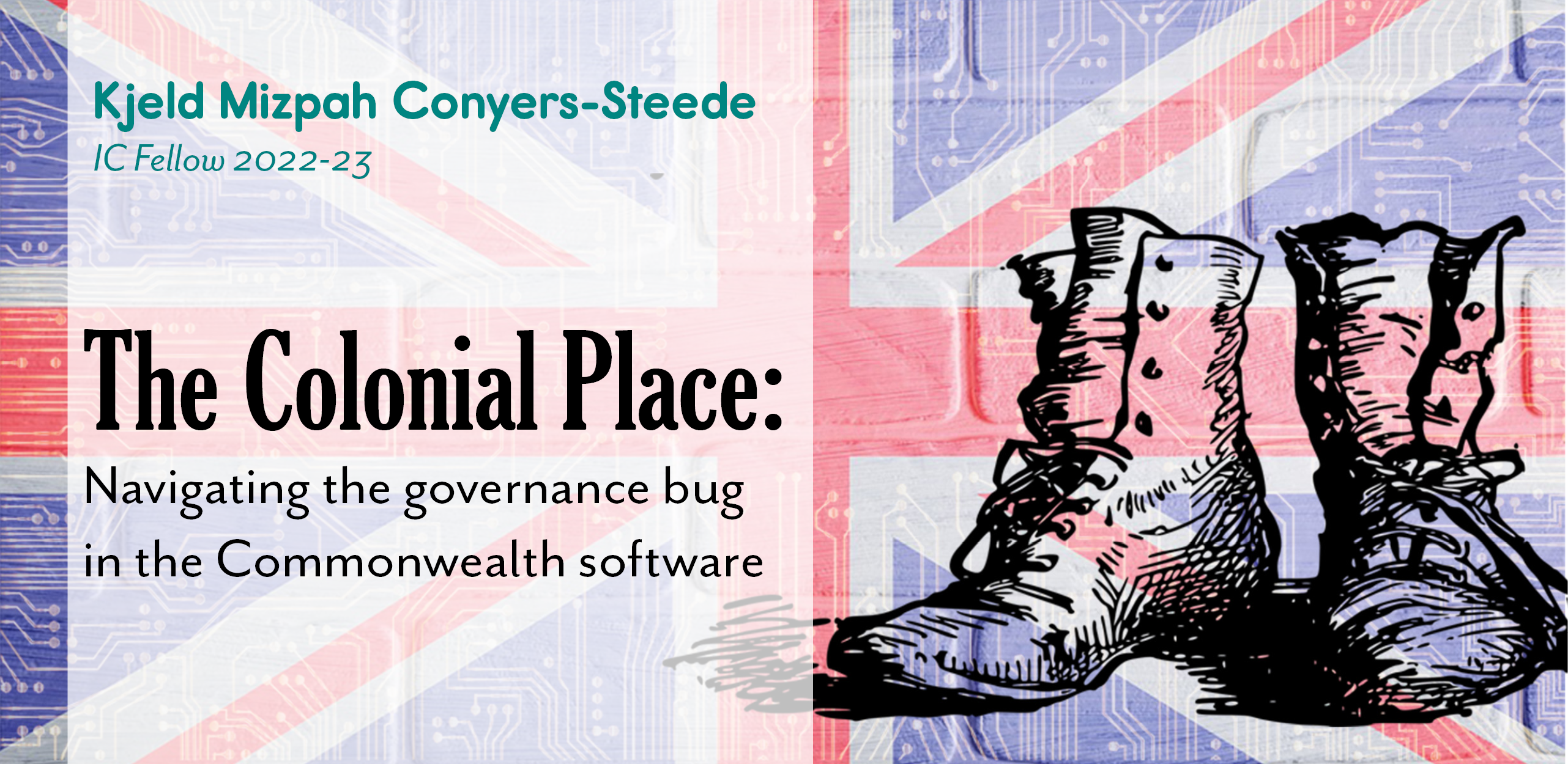 The Colonial Place, a blog post by KJ Conyer-Steede. A background of Union Jack is faded and overlaid with circuitry. in the foreground, black boots are visible.