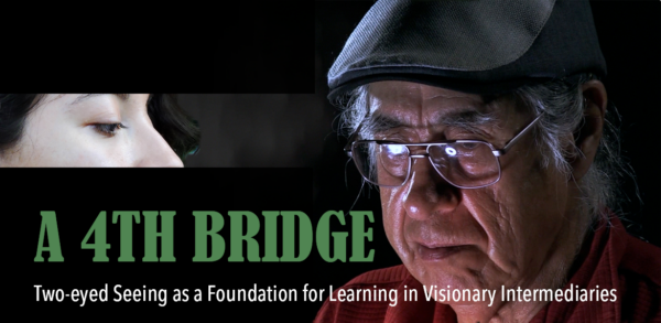 two-eyed seeing image - woman in profile with transparent dark bars obscuring all but her eyes and the bridge of her nose - she appears to be looking down. On the right, Elder Dr. Albert Marshall is in profile.